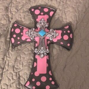 Estate Pink and Black Polka Dot Decorative Cross